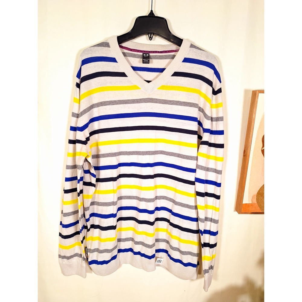 Oakley Slim Fit Men's Sweater White W' Black/Yellow/Blue/Gray Strips - Picture 3 of 6